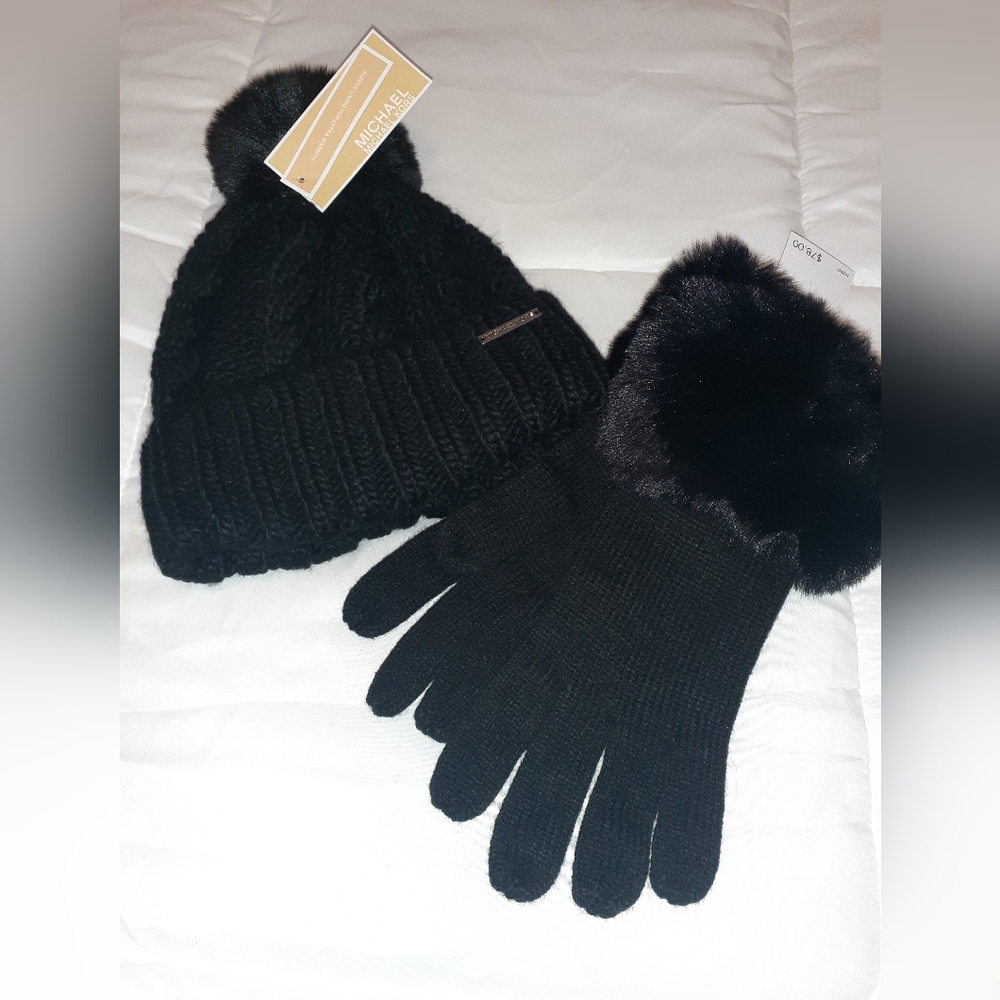 Michael Kors Black Cable Knit hat & gloves.  New with Tags